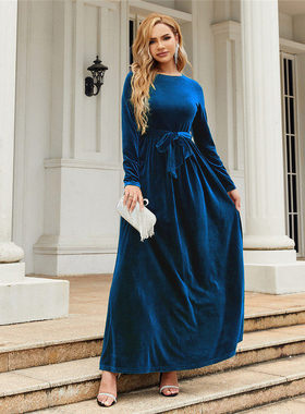 Gold velvet pure color women dress Fashion Party Long skirt