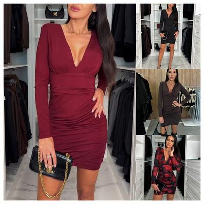 Women's Sexy Ruched High-Waist Bodycon Dress with V-Neck裙子