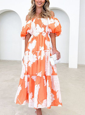 2024 Elegant Printing Shoulder Bubble Sleeve Fashion Dress