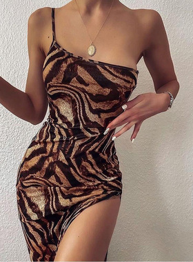 Leopard Print Slit Stretchy Sexy Dress性感开叉单肩连衣裙女