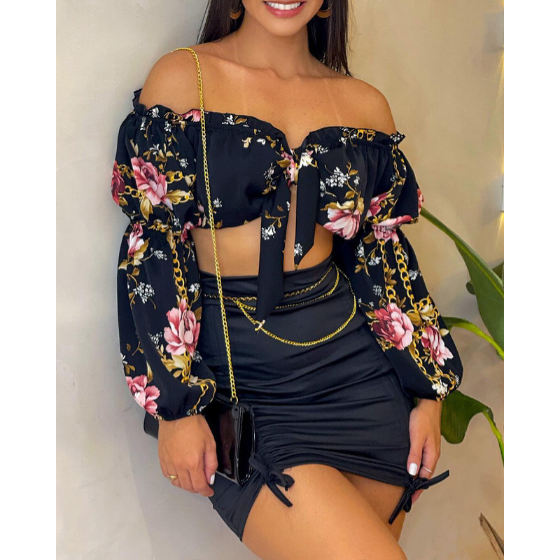 Women Tops Skirts 2 Piece Set一字肩系带上衣+抽褶半身裙套装女