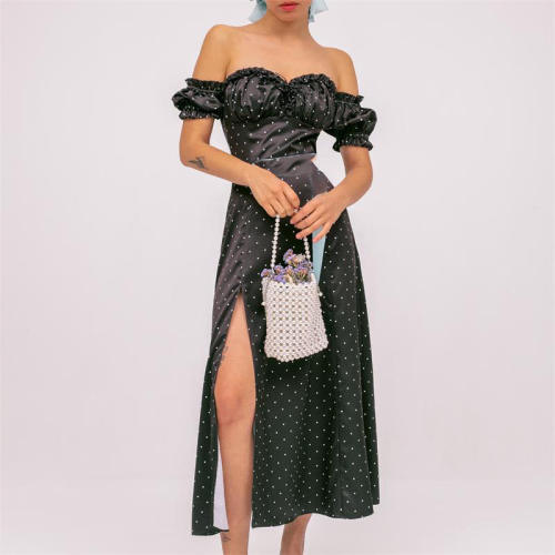 Women summer floral dress 女装夏季开叉裙子露肩抹胸碎花连衣裙