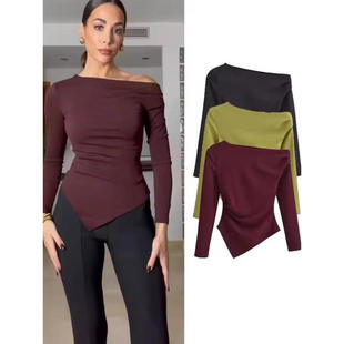 Asymmetric pleated long sleeved T-shirt top for womenT恤上衣