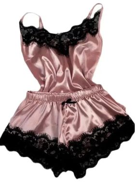 women's lace satin pajama set features a V-neck蕾丝缎面睡衣