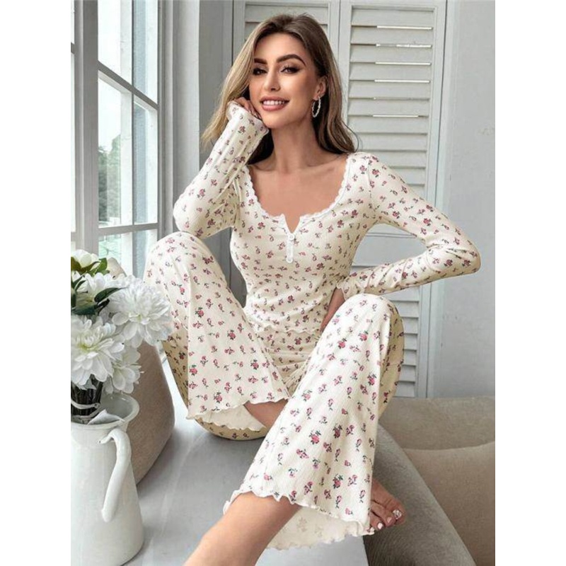 外贸碎花长袖长裤家居服睡衣套装女 homewear pajamas set women