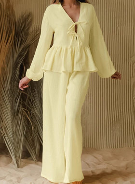 黄色荷叶边长袖长裤宽松睡衣套装2026欧美春季女士家居服