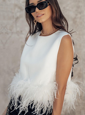 Women Sleeveless Tank Tops后背拉链无袖拼接羽毛背心上衣2022