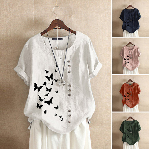 Button O Neck Female Short Sleeve Tunic Plus Size 5XL