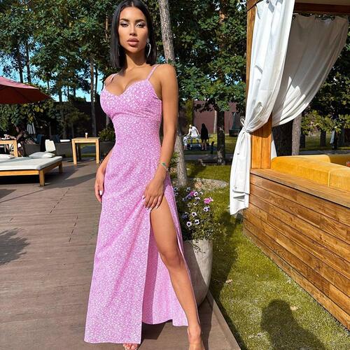 Women's Fashion Floral Sexy Backless Waist Split Strap Dress