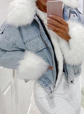 2020 winter women's pie overcoming denim fur coat