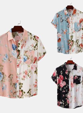 New men's floral patchwork short sleeved shirt