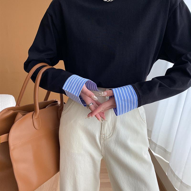 Women's color-block paneled striped shirt-sleeve T-shirt上衣