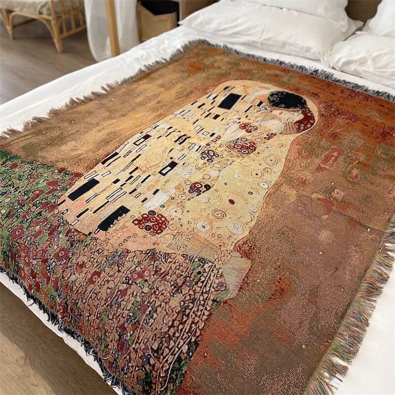 世界名画复古油画风线毯休闲毯沙发巾挂布盖布地毯桌布床尾毯披毯
