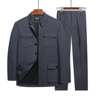 夏季单层薄款中山装男中老年套装老人衣服爸爸装爷爷装中山服外套