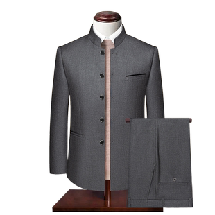 中山装男中青年立领修身西服套装演出服结婚礼服唐装中国风春秋款