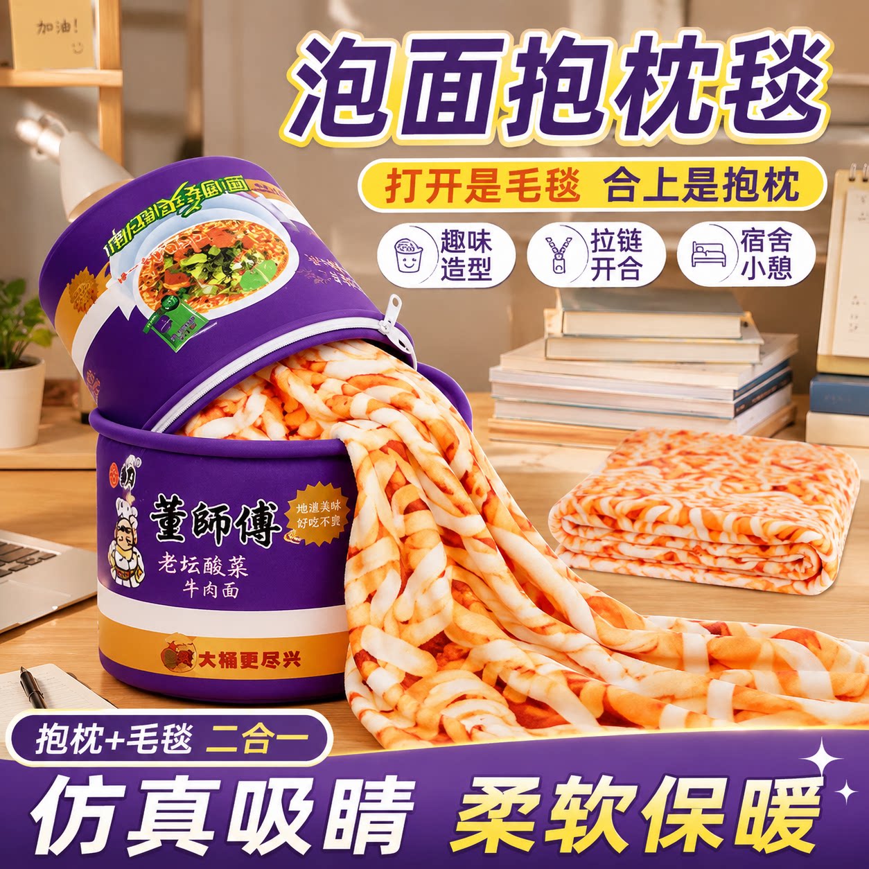 泡面桶毛毯彷真酸菜泡面被子抱枕两用毛绒玩具创意礼物送女朋友