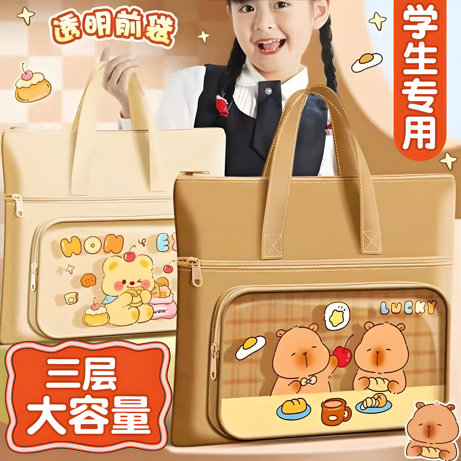 卡皮巴拉补习手提袋小学生用帆布袋男女孩补习班作业美术袋大容量拉链