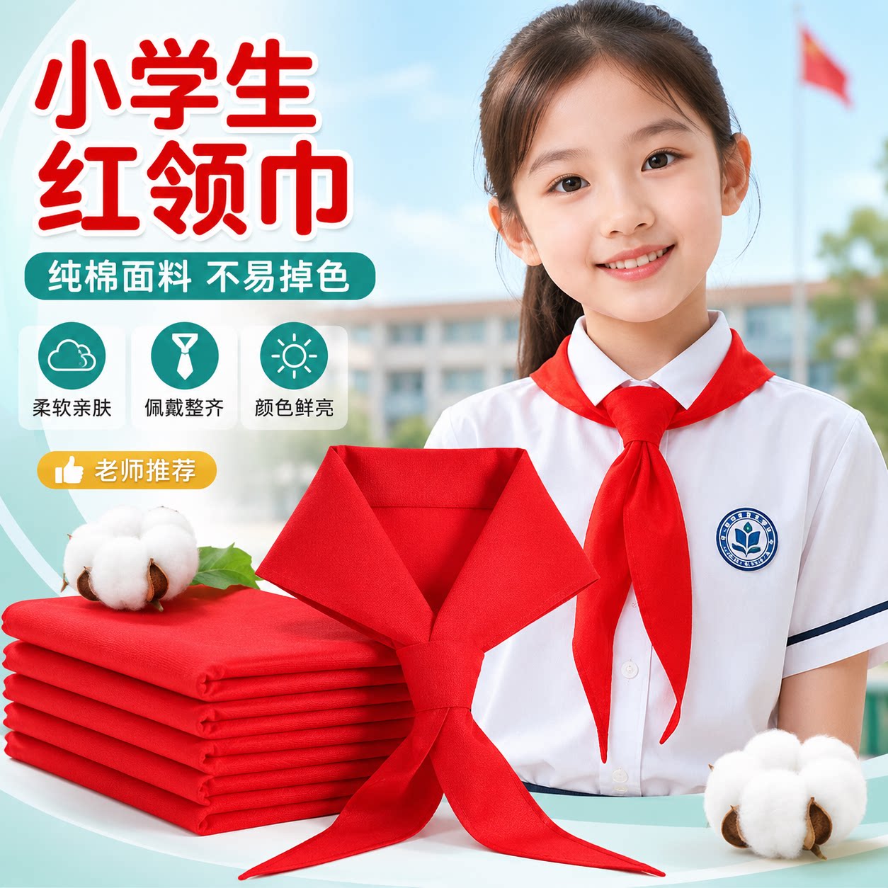 红领巾小学生纯棉不掉色通用抗皱初中生儿童加厚红邻巾小学小号一二年
