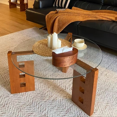 中古风钢化玻璃圆形茶几复古DIY自制茶台小户型家用实木客厅桌子