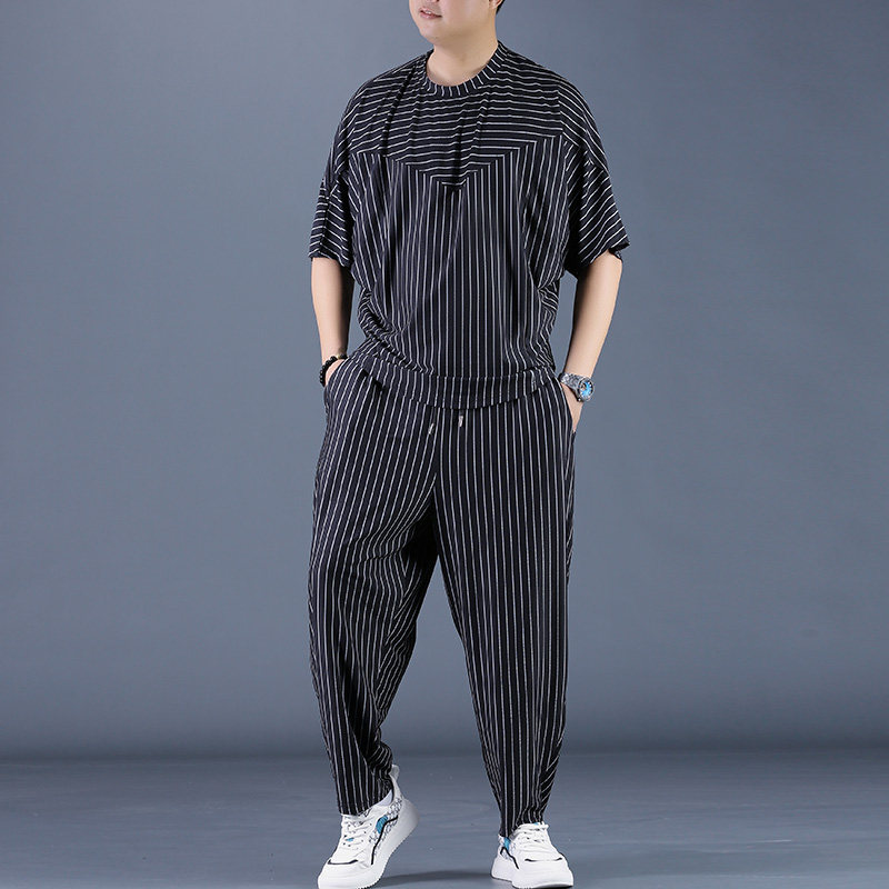 夏季暗黑系宽松条纹五分袖t恤裤子休闲套装男潮牌时尚高端两件套