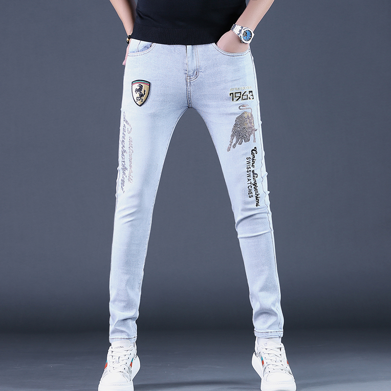 欧洲站2025春夏季新款潮牌时尚金牛烫钻刺绣牛仔裤修身小脚裤子