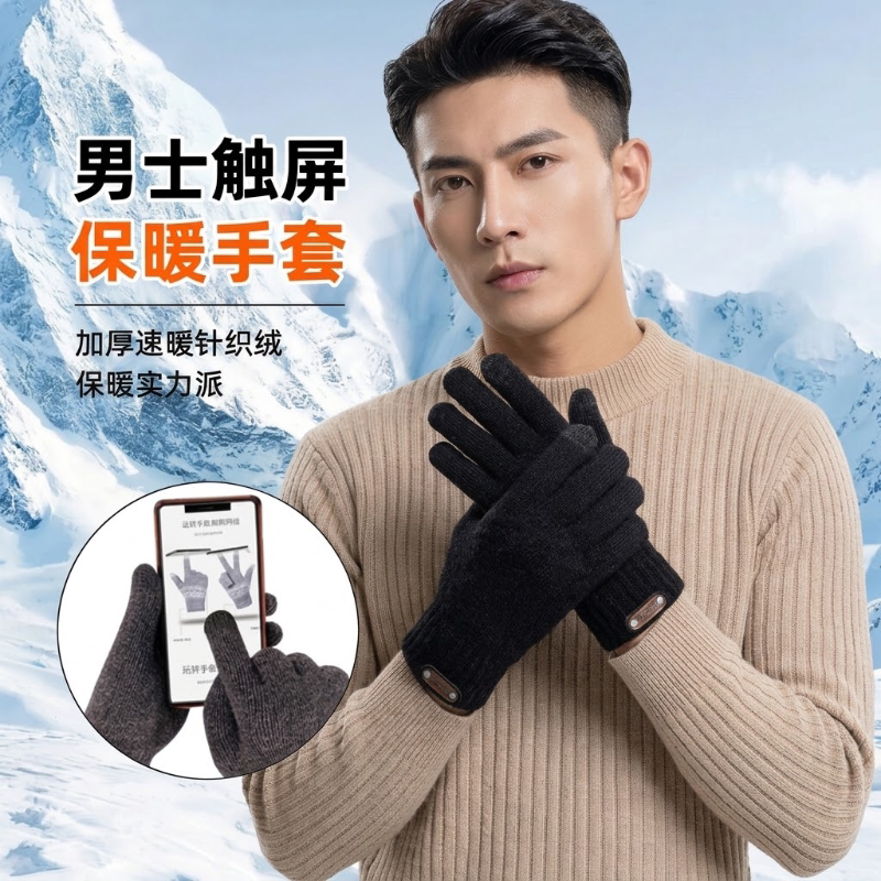 2026男士触摸屏手套秋冬季针织防寒保暖骑行加绒加厚骑车毛线学生