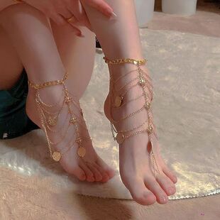 脚链女性感异域风情脚环金属女生玉足链铃铛宫铃新款成人珍珠流苏