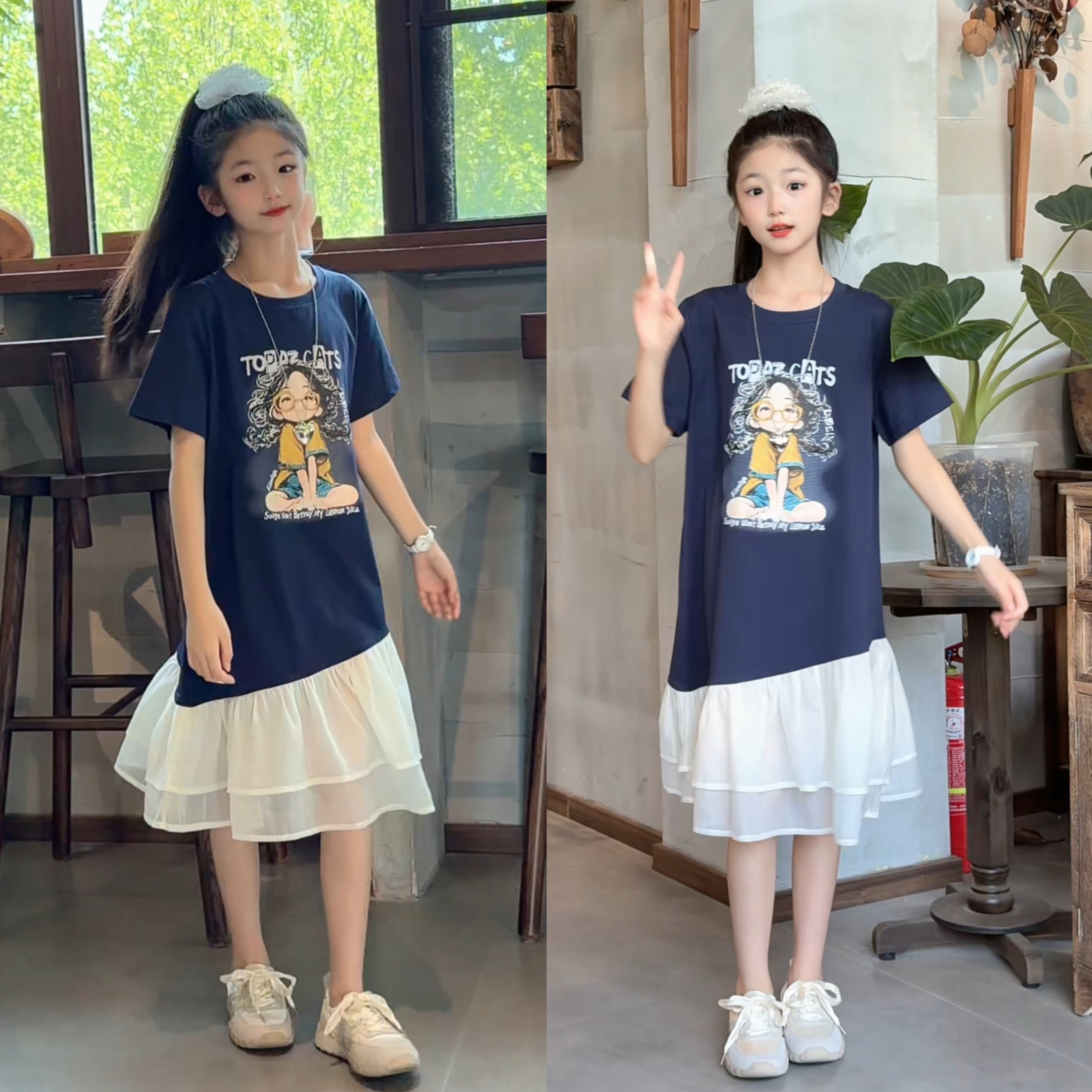 女童网纱拼接连衣裙夏季2026新款儿童夏装裙子女孩短袖休闲T恤裙
