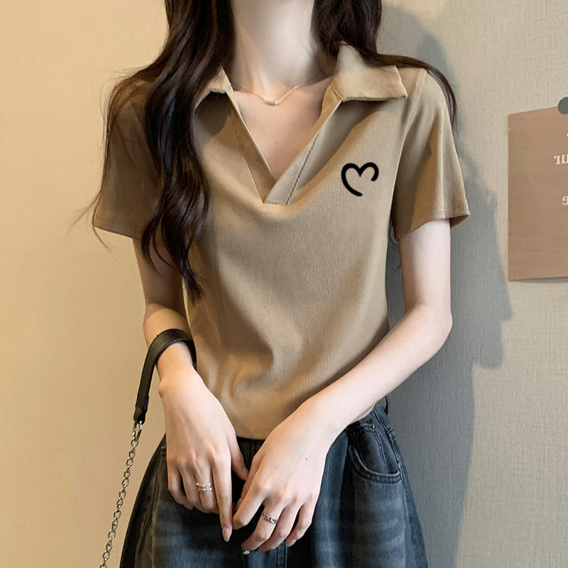 polo领女t恤短袖2025夏新款短款显瘦纯棉印花正肩修身小个子上衣