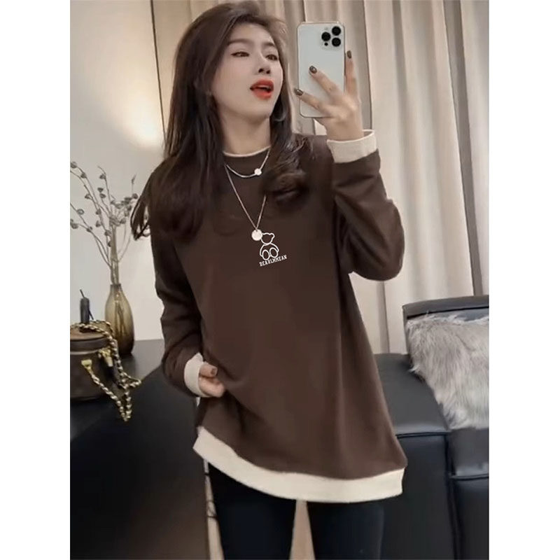 假两件设计感德绒磨毛长袖T恤女中长版加厚保暖打底衫上衣秋冬季