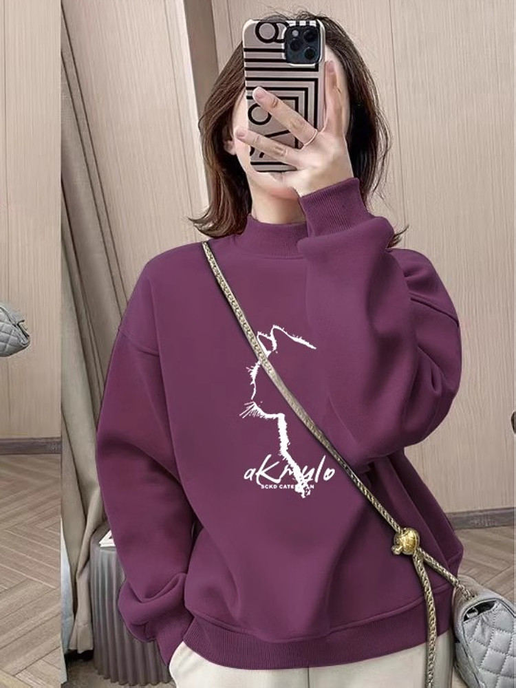 秋冬新款半高领卫衣女宽松内搭打底衫加绒加厚爆款印花上衣服外套