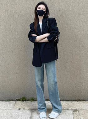 oversize黑色西装外套女2025春秋季新款韩版休闲 小个子宽松小西