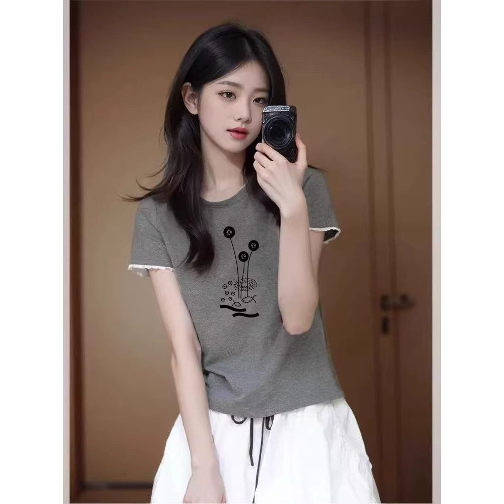 设计感小众圆领正肩灰色短袖短版t恤女夏季新修身显瘦修身上衣潮