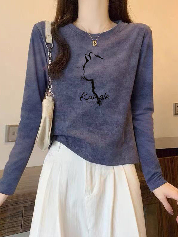 正肩小个子纯棉长袖t恤女装设计感时尚百搭扎染短款休闲百搭圆领