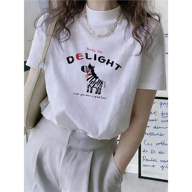 2026新款白色正肩磨毛纯棉半高领短袖t恤女洋气时尚上衣打底衫夏