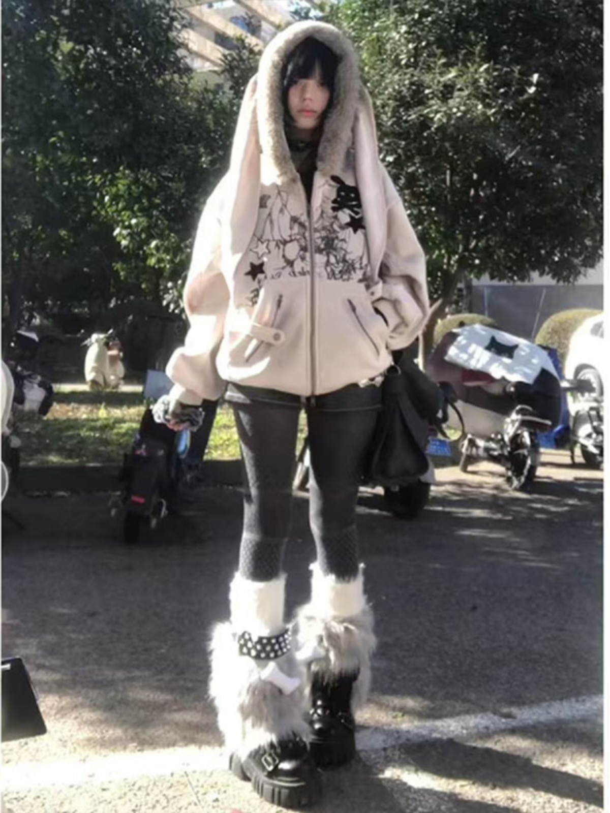 兔耳朵毛领连帽卫衣外套女秋冬加绒加厚宽松亚文化设计感小众上衣