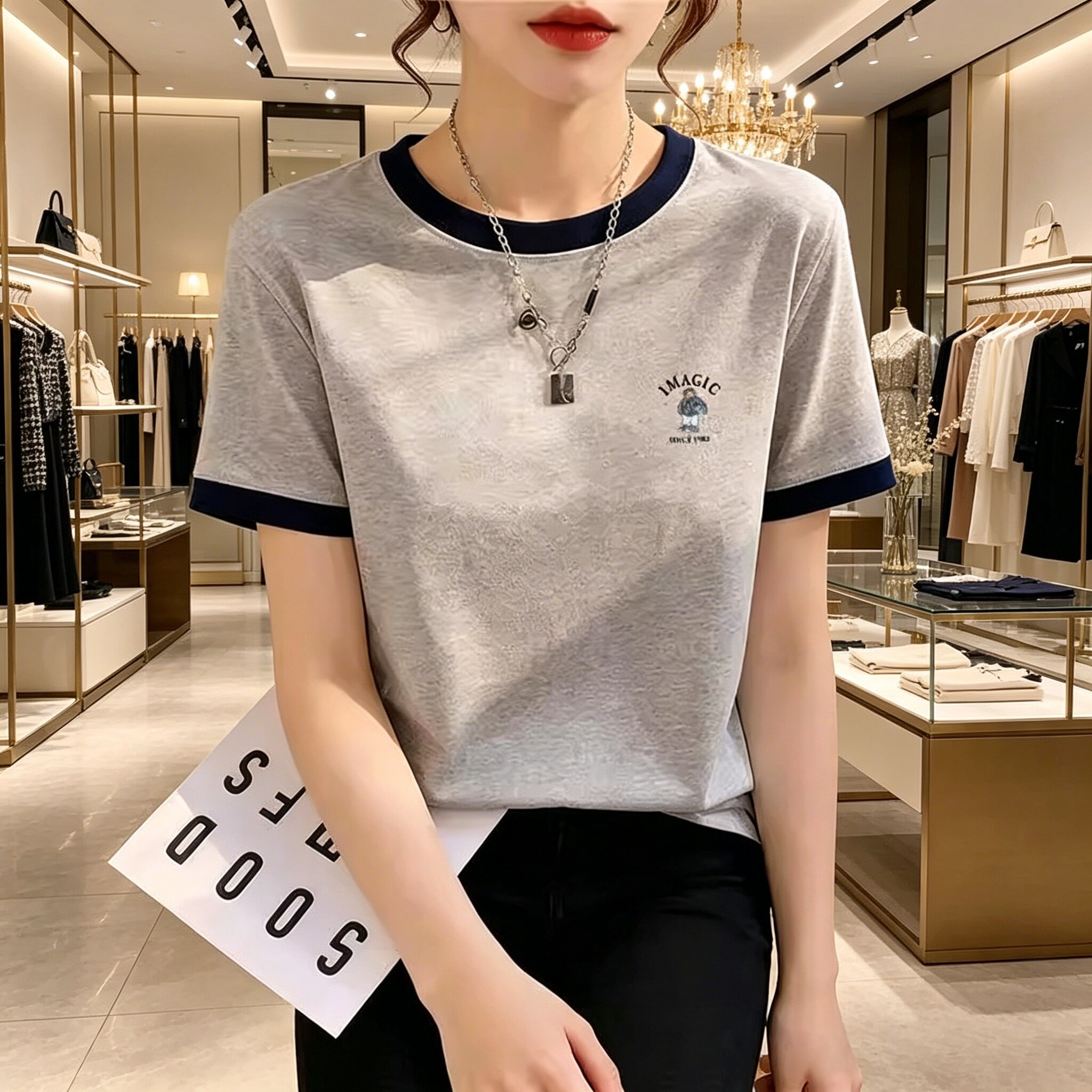 设计感拼色正肩纯棉短袖t恤女时尚百搭浅花灰色上衣2026新款夏季