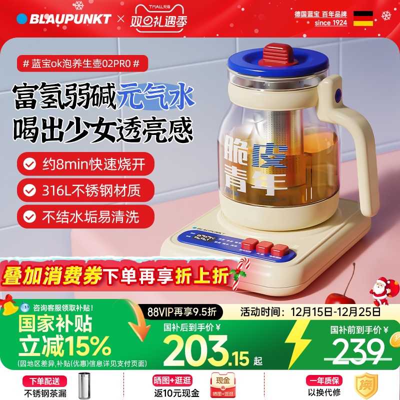 德国蓝宝脆皮青年养生壶办公室小型炖煮一体家用烧水玻璃花茶壶