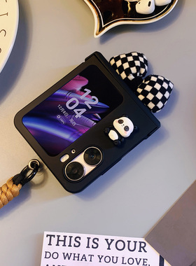 silob适用于oppofindn2flip手机壳全包磨砂保护套oppo小折叠手提挂链find n2 flip卡通黑色女外壳熊猫硬壳