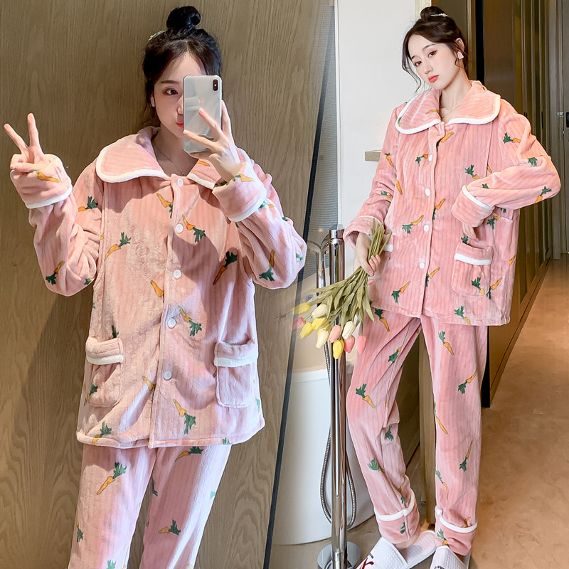 孕妇睡衣女秋冬季加厚加绒夹棉产后喂奶11家居服哺乳月子服10月份