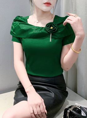 绿色短袖t恤女2026夏季新款欧货设计感花朵上衣洋气百搭半袖小衫