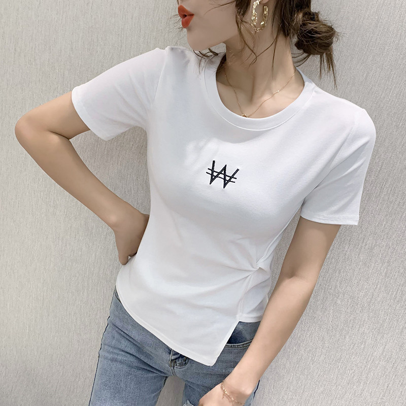 时尚打结t恤女短袖夏装设计感不规则上衣纯棉修身体恤短款小衫潮