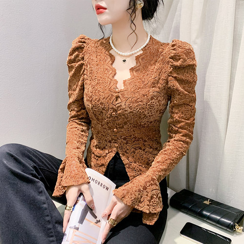 植绒蕾丝打底衫女长袖泡泡袖上衣