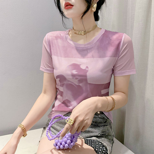 欧货时尚印花短袖扎染网纱上衣女