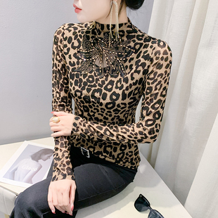 T恤紧身内搭洋气上衣 豹纹网纱长袖 加绒高领打底衫 女秋冬欧货时尚