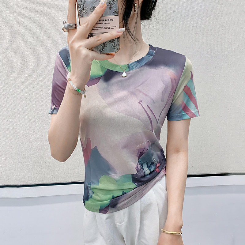 欧货圆领短袖t恤女夏季设计感扎染印花网纱上衣修身显瘦洋气小衫