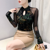 性感镂空盘扣长袖 加绒网纱打底衫 女2025秋冬新款 T恤紧身内搭上衣