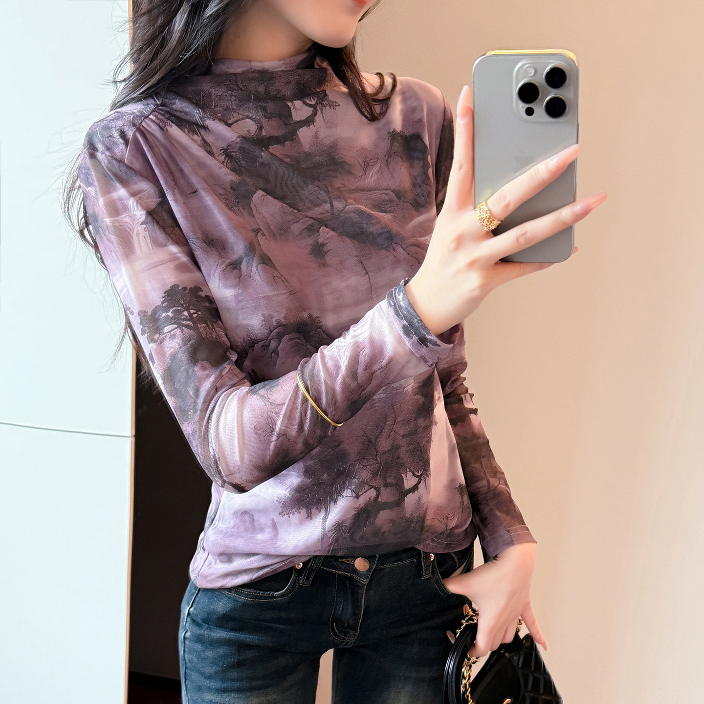 高领打底衫女秋冬高级设计感印花网纱T恤女长袖内搭上衣洋气小衫,女装/女士精品,T恤,淘宝优惠券,粉丝福利购,淘宝优惠卷