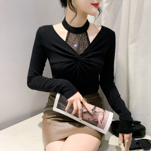挂脖上衣洋气百搭打底衫 欧货时尚 性感镂空T恤女长袖 2026秋冬新款