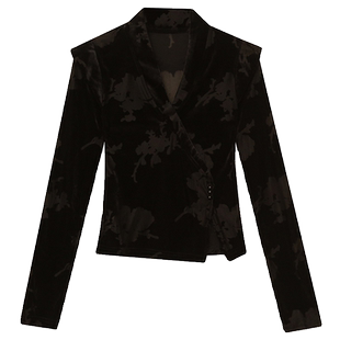 性感交叉V领T恤女长袖秋冬欧货植绒网纱上衣洋气修身显瘦打底衫潮